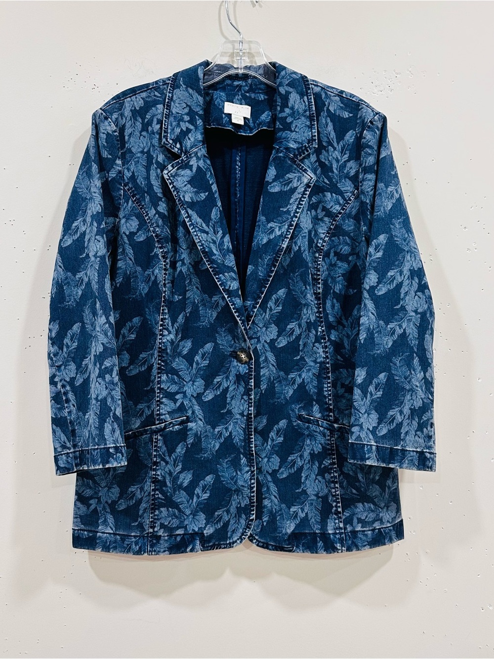 Christian Siriano for J. Jill Denim Blazer Jacket Size M Blue Palm Leaf Print